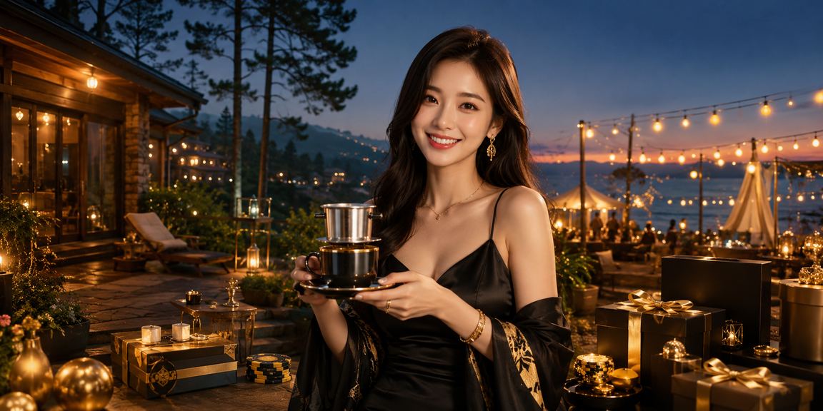 Người phụ nữ ngồi tại quán cà phê Đà Lạt, thư giãn và xem thông tin casino trực tuyến trên điện thoại